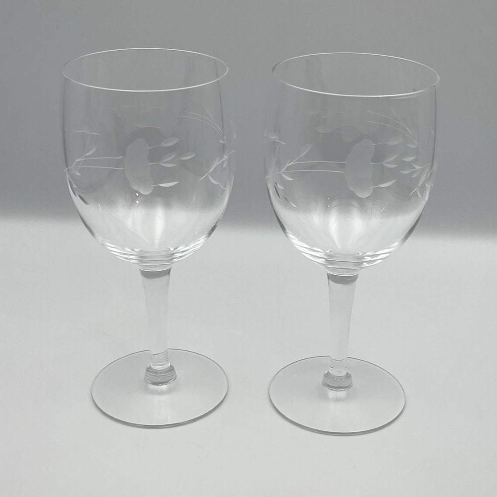 Vintage 1980s Princess House Heritage Wine Glasses‎ Floral Etched Pair 7" Set